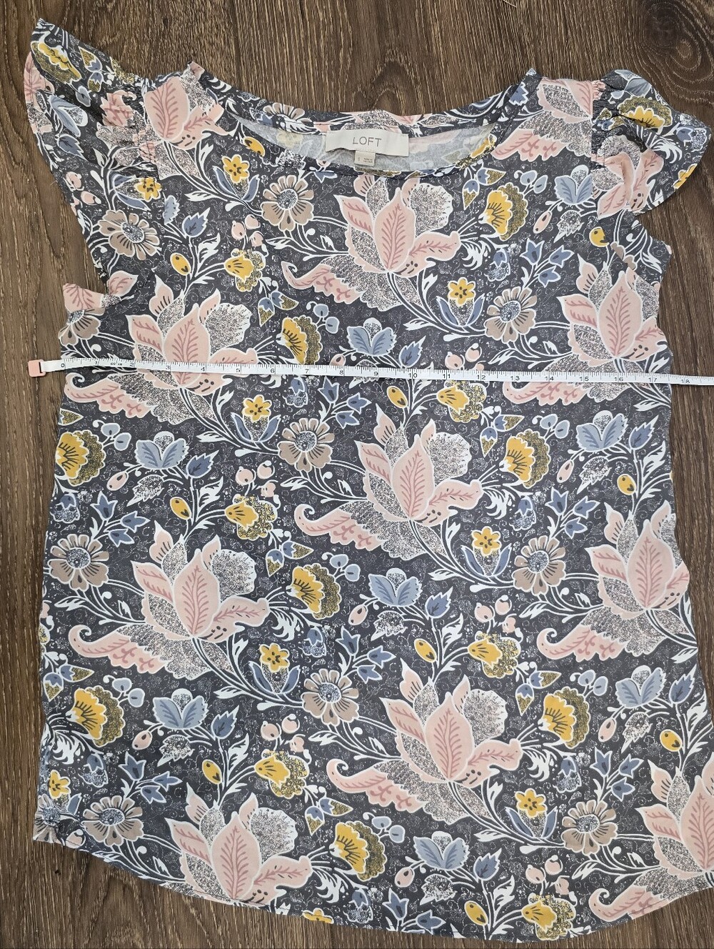 Small LOFT Charcoal Floral Flutter Sleeve Top with Pink & Yellow Blooms